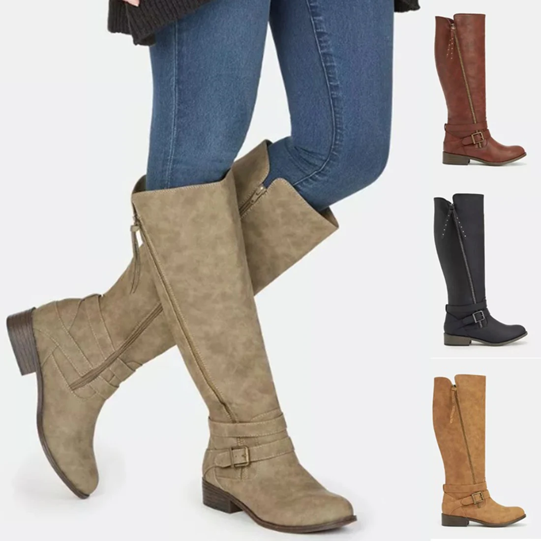 

Women Punk Zipper Knee High Boots Low Heel Female Long Boots Winter Stap Buckle Round Toe PU Leather Warm Zipper Boots