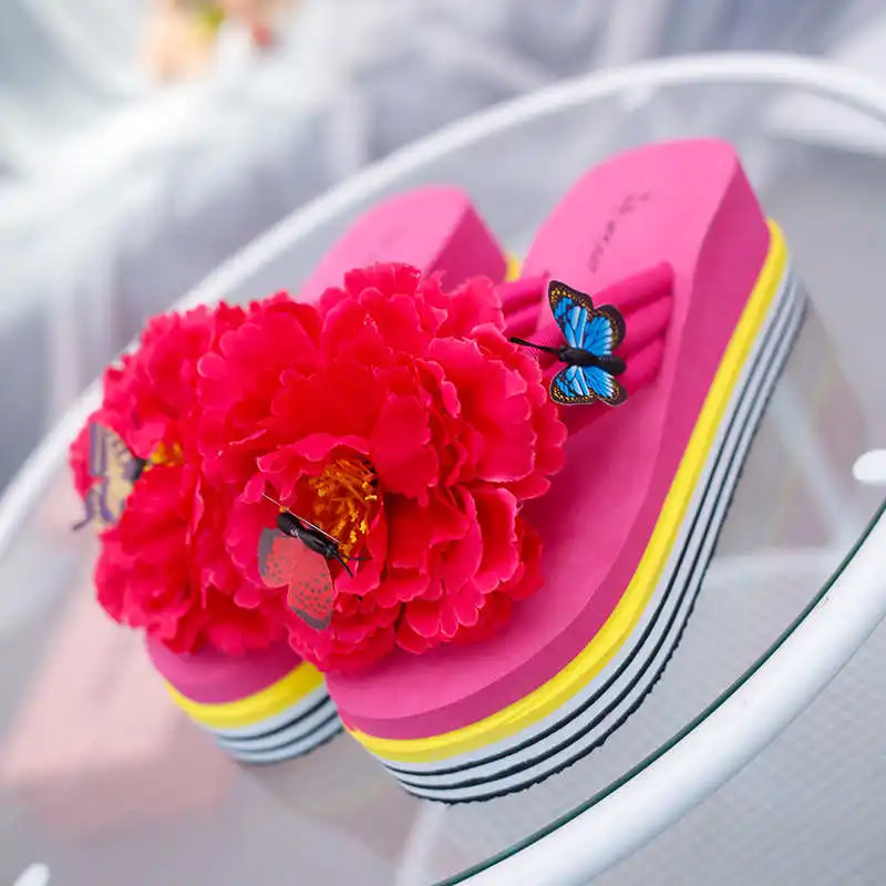 Летняя обувь на платформе с цветочным принтом; женские шлепанцы; женские розовые сандалии-шлепанцы; вьетнамки на танкетке; пляжные шлепанцы на толстой подошве - Цвет: Rose