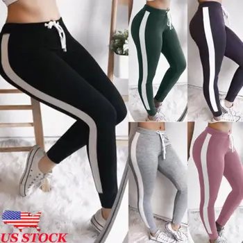 

2020 New Women Workout Sports Pants Ladies Middle Waist Striped Fitness Leggings Pants Workout Clothes
