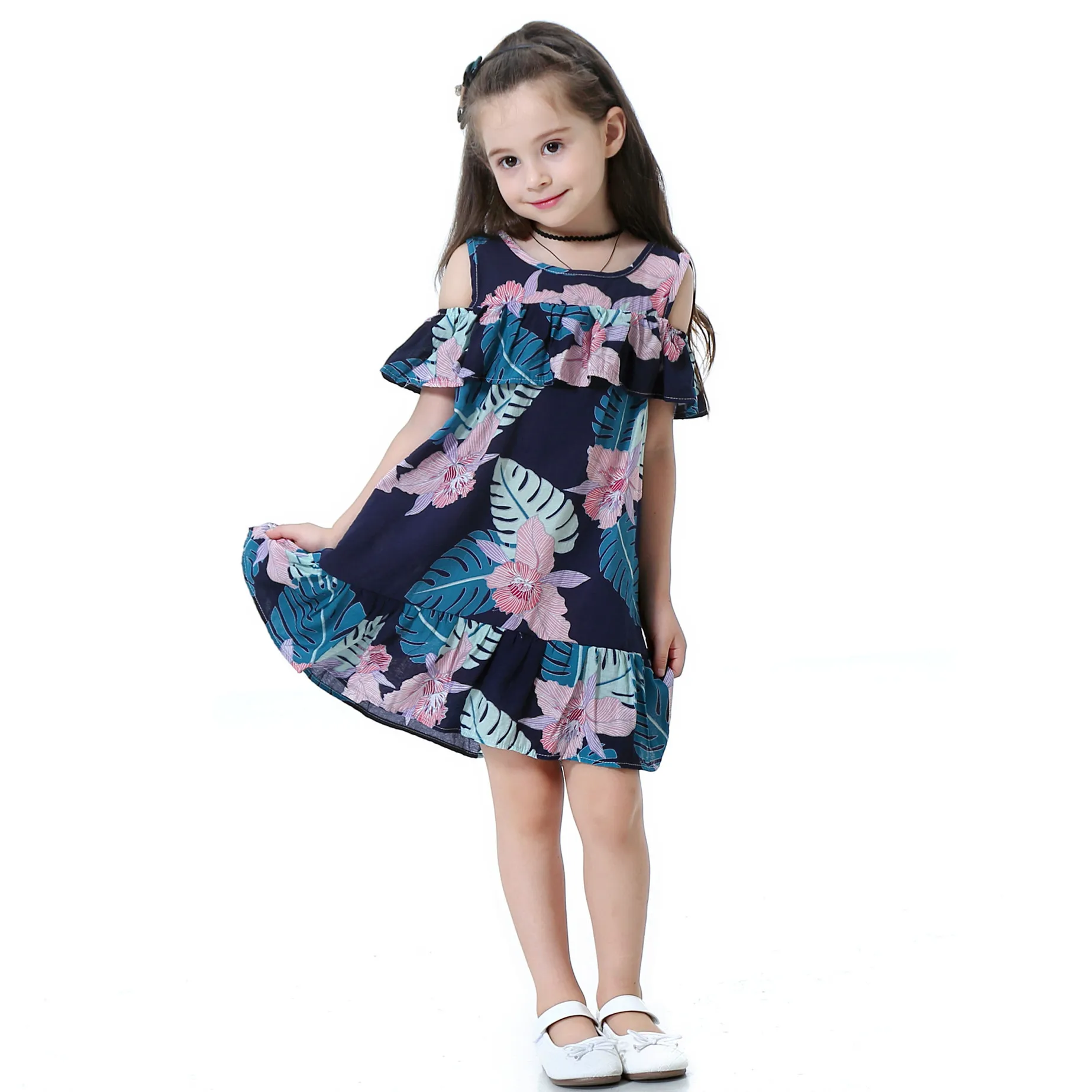 Summer Dresses for Girls Holiday Children's Dress Print Leaf Off Shoulder Dress Kids Fashion