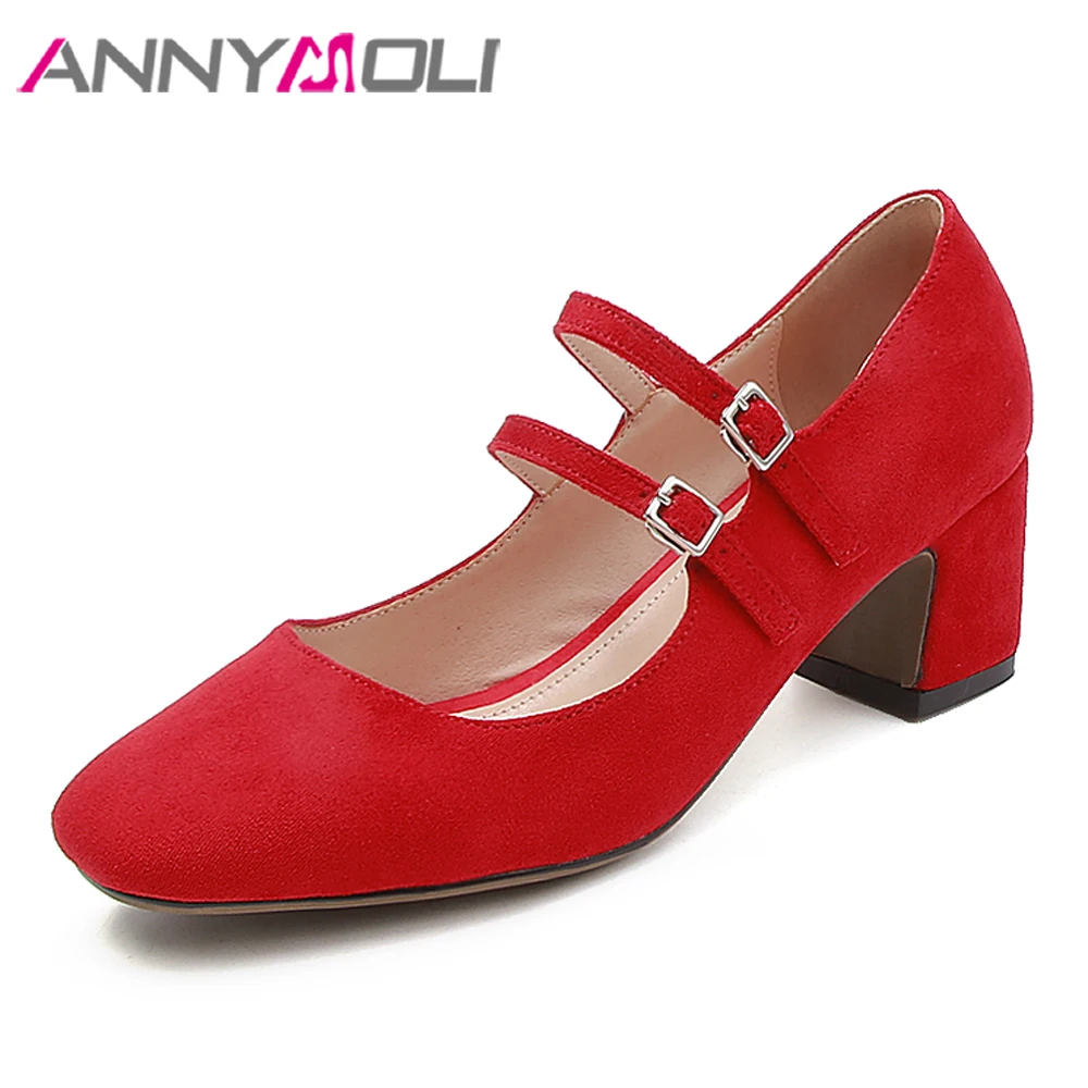 

ANNYMOLI High Heels Mary Janes Shoes Women Buckle Block High Heels Shoes Square Toe Party Pumps Lady Spring Red Big Size 33-43