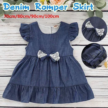 

Cute Little Baby Girl Wearing Bow Design Mini Child Baby Cowboy Dress a Baby Wear Short Sleeve Summer Style Fashion party