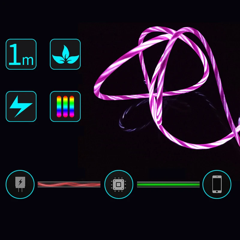 Струящийся цветной светодиодный светящийся usb-кабель для зарядного устройства типа C для Android Micro USB кабель для зарядки для iPhone X для samsung зарядный провод шнур