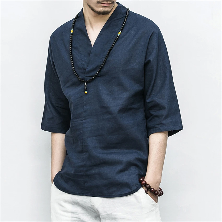 

M-5XL Retro Chinese Style Shirts Man Summer Casual V-neck Tai Chi Uniform Men Linen Solid Half Sleeve Beach Chinese Tops