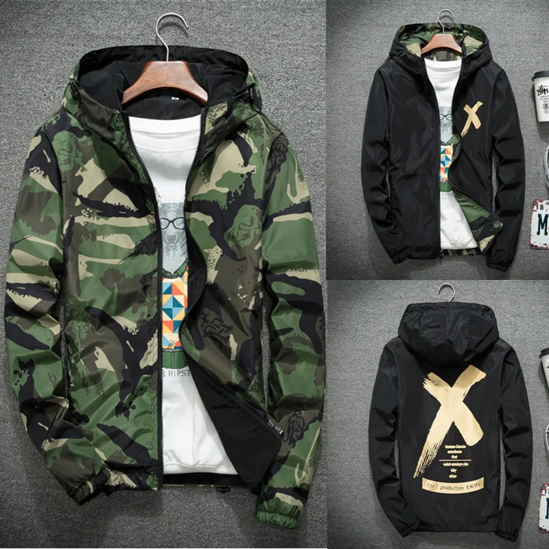 عكسها الرجال سترة معاطف الذكور السببية مقنعين التمويه سترة واقية رقيقة زيبر أبلى الربيع الخريف سترة الانتحاري