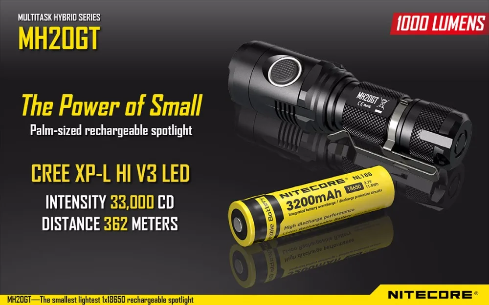 NITECORE MH20GT USB Перезаряжаемый фонарик CREE XP-L HI V3 max 1000 люмен расстояние луча 362 м уличный фонарик ручной фонарь