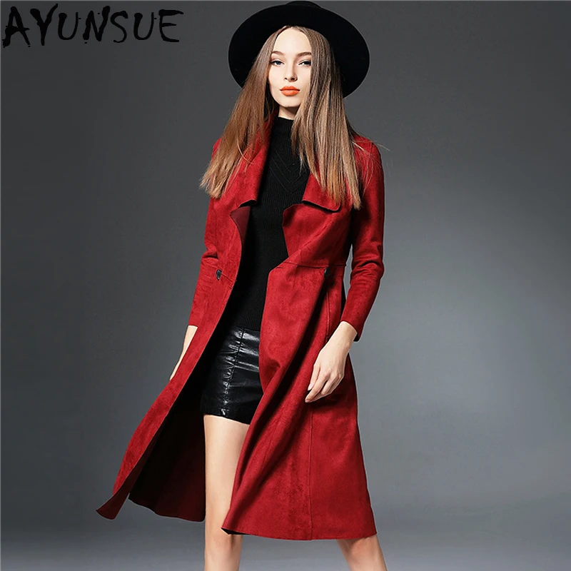 

AYUNSUE Autumn Winter Suede Windbreaker Women 2019 Elegant Long Lapel Lady Black Red Trench Coats Outwear casaco feminino LX2016