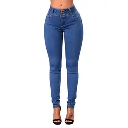 Для женщин Мода плюс размеры Высокая талия пуговицы карманы узкие джинсовые брюки дамы повседневное стрейч промывают джинсы, длинные