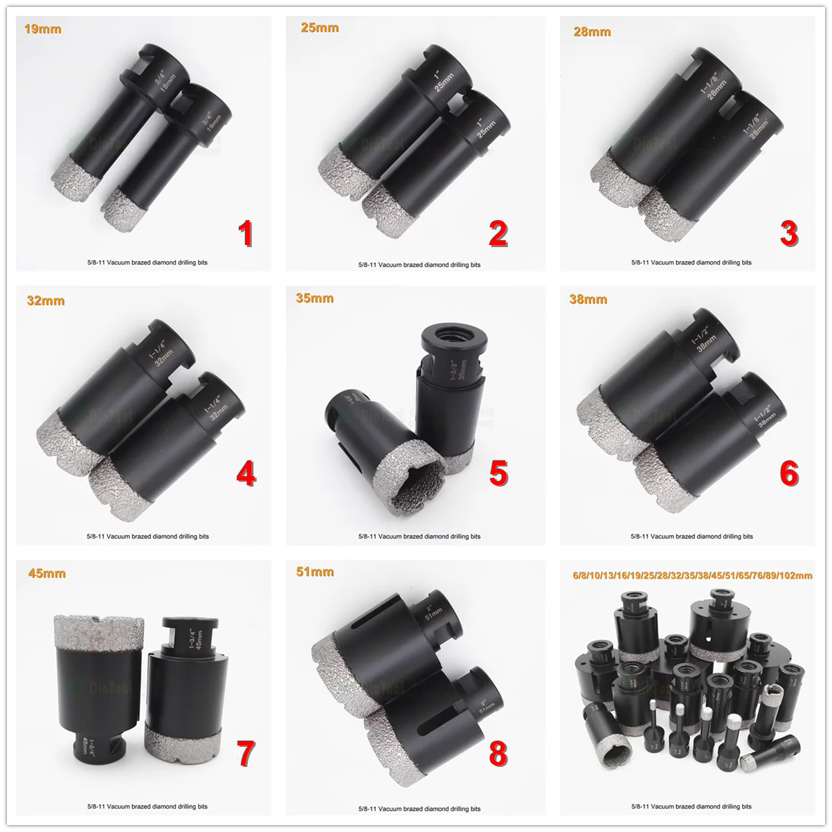 

2pcs 5/8" Vacuum brazed diamond Dry drilling bits 5/8-11 connection Drill bits 19mm/25/mm/28mm/32mm/35mm/38mm/45mm/51mm