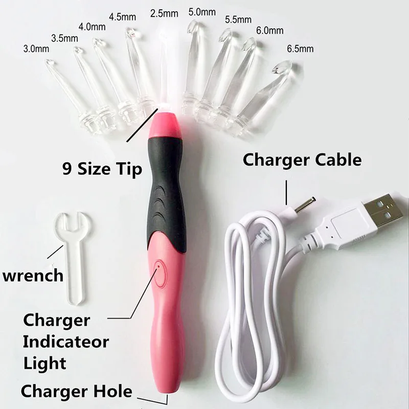 Светодиодный светящийся крючок для вязания крючком с usb-зарядкой, светодиодный крючок 9 размеров, аварийное освещение, спицы для вязания, сменный Верхний Крючок, инструмент для шитья