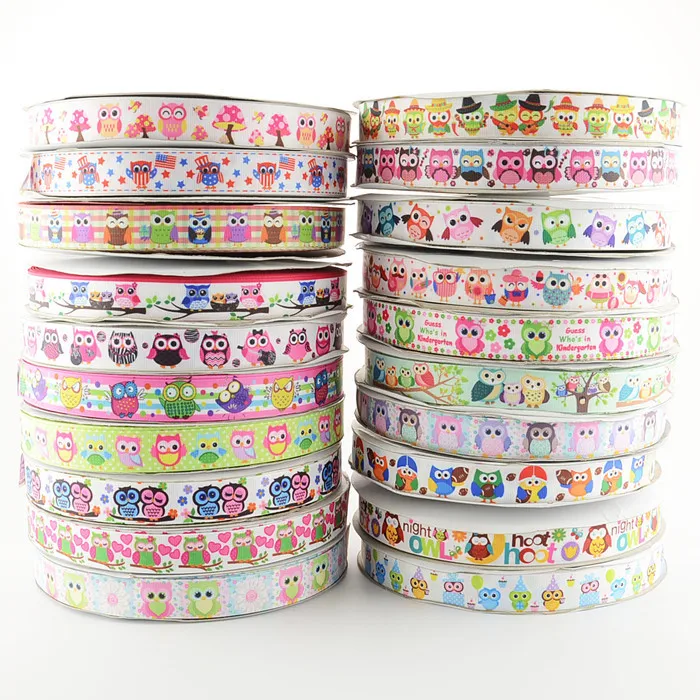 20 yards mixed cute owl designs 7/8&quot 22mm polyester printed grosgrain ribbon for hair bows DIY craft Material cartoon character | Дом и