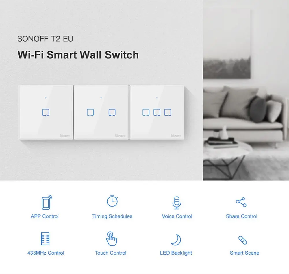 Sonoff WiFi Smart Touch Выключатель света T1 ЕС 1 2 Gang Ewelink App/RF 433/голос Управление выключатель света Поддержка Alexa Google дома