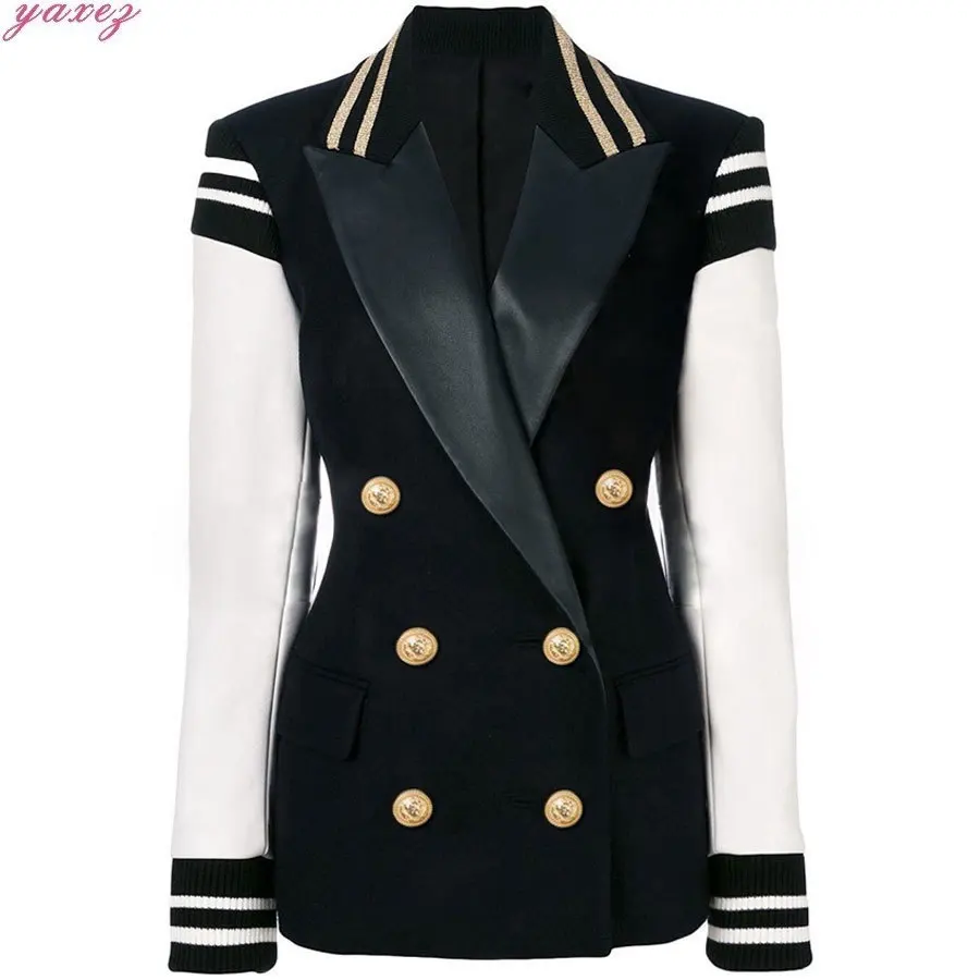 

2018 Autumn High Quality Women Blazer Long Sleeve Patchwork V-neck Double Button Jacket Women Plus Size Jacket Coat