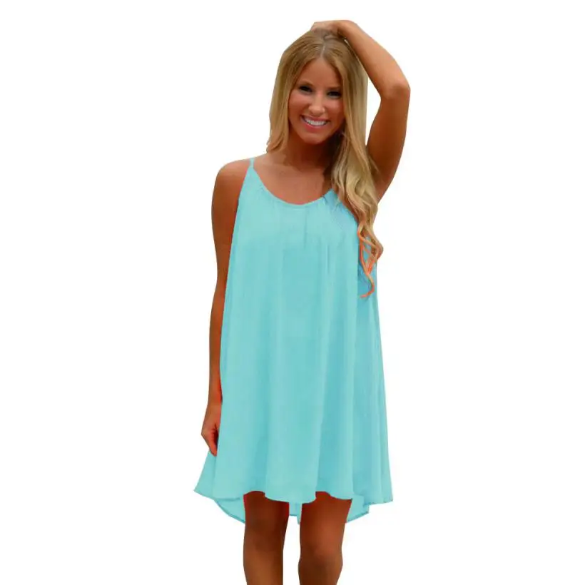 

Summer sexy dress Solid color Strap sexy Women's Sleeveless Mini Beach Dress Pleated summer Vest Dresses #YL1