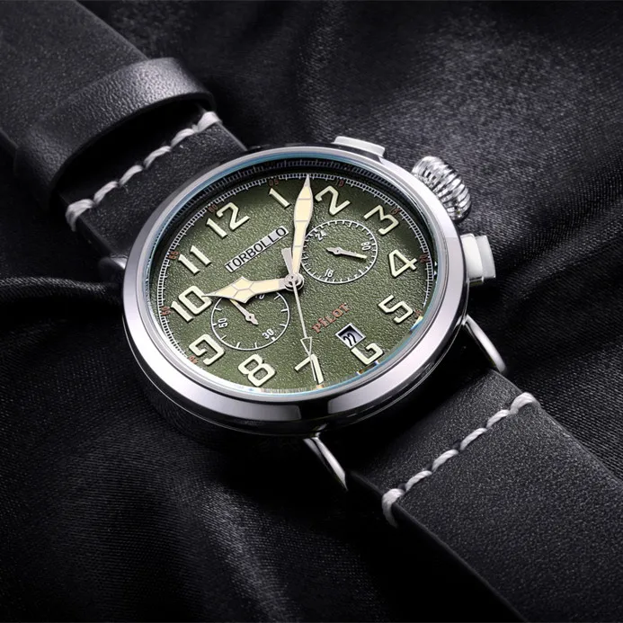Мужские часы с ремешком из натуральной кожи, спортивный стиль, черный ремешок, зеленый циферблат, хронограф, кварцевые часы с коробкой