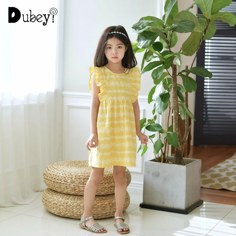 

Girl Mustard Yellow Printed Striped Sundress Elegant Summer Sleeveless Party Dress for 4-12 Years Girl Kids Frocks Clothes