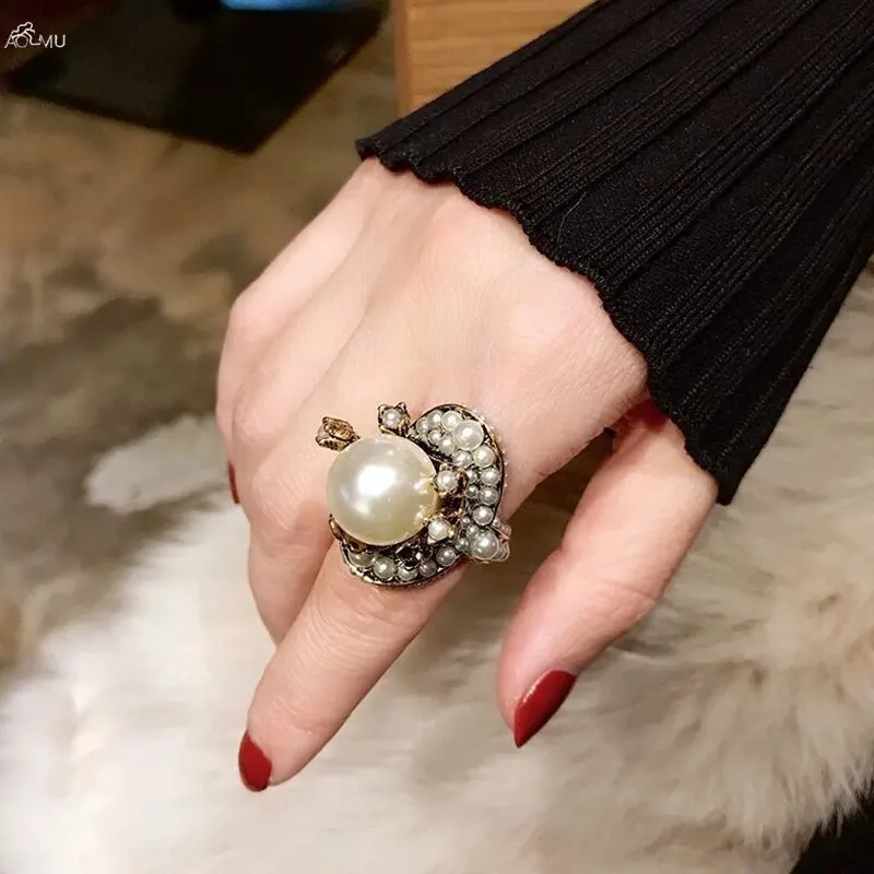 

AOMU Summer Jewelry Vintage Imitation Pearl Flower Ring For Women Fashion Adjustable Finger Rings Female Punk Party Jewelry Set