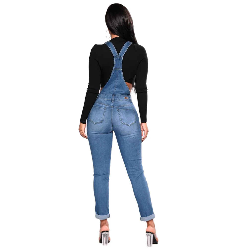 Women Denim Overalls Ripped Stretch Dungarees High Waist Long Jeans Pencil Pants Rompers 2018 New Jumpsuit Blue Jeans Jumpsuits