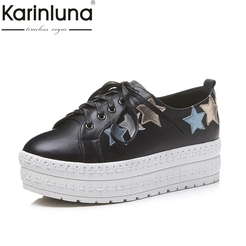 

KARINLUNA Genuine Leather 2018 Fashion Size 34-39 Cow Leather Round Toe Shoes Woman Shoes Lace Up Women Platform Flats