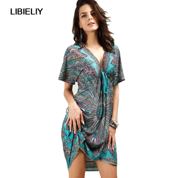 

Kleider Women V Sexy Soft Milk Silk Boho Print Midi Tribal Dresses Nice Summer Ethnic Casual Loose Waist Beach Dress