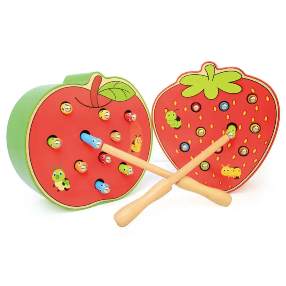

Fruit Shape Kids Educational Wooden Toy Catch Worms Game with Magnetic Stick Educational Creature Blocks Interactive Toys