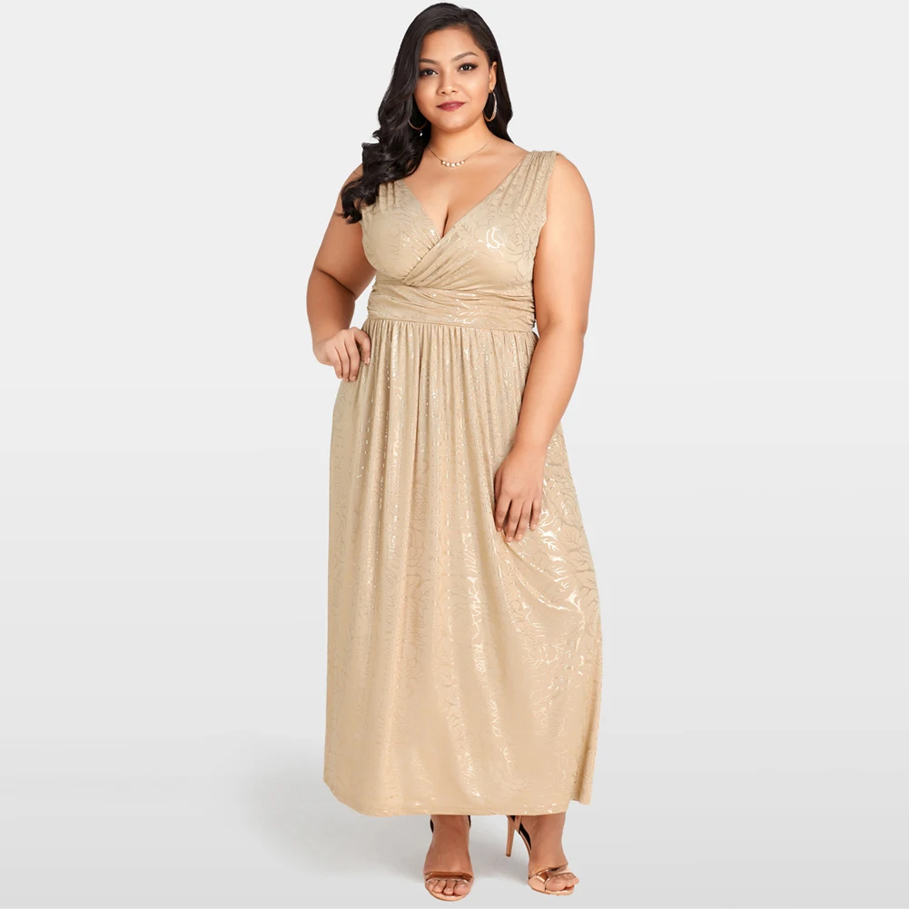 

Sexy Women Gold Floral Maxi Dress Deep V Neck Banded Waist Evening Party Dress female Clubwear Long Dress Plus Size 3XL 4XL 5XL