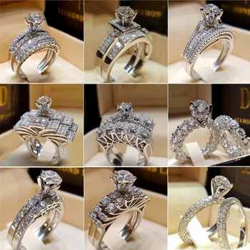 

NEW Female Crystal White Round Ring Set Brand Luxury Promise Silver Color Engagement Ring Vintage Bridal Wedding Rings for Women
