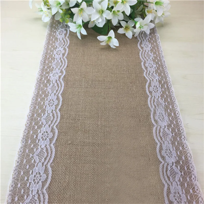 DUOLVQI Vintage Burlap Lace Hessian Table Runner Natural Jute Country