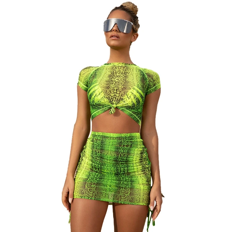 Под змеиную кожу; сексуальный комплект из двух частей Для женщин фестиваль Костюмы облегающее платье из 2 предметов, комплект: укороченный топ и юбка, летние одинаковые комплекты Клубные наряды - Цвет: Neon Green