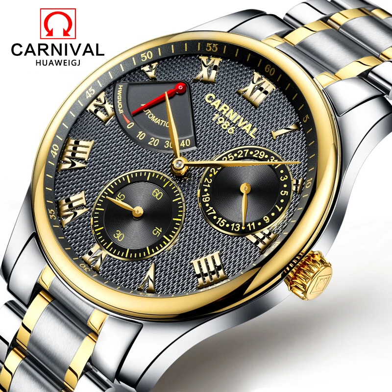 Fashion watch men Power reserve gold Stainless steel Automatic mechanical Sapphire waterproof black watch relogio masculino