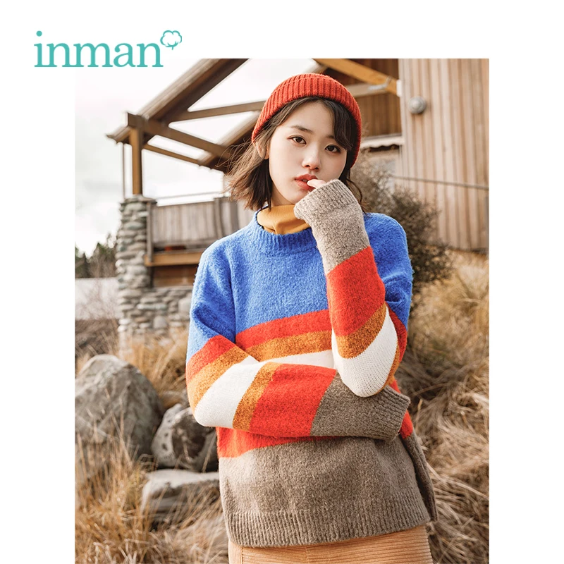 

INMAN Winter New Arrival Female Round Collar Stripe Warm Loose Women Pullover Sweater