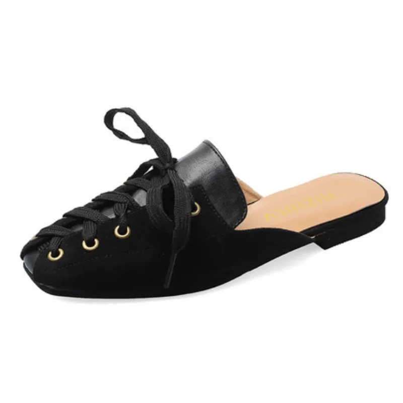 

Lace-up half slippers female summer 2019 new flat-bottom shoes lazy grandma shoes retro Roman style Mules shoes
