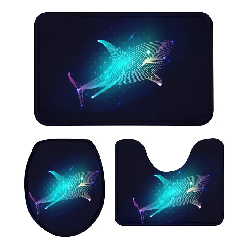 

3Pcs Toilet Seat Mat Suit Cool Shark 3D Printing Doormat Anti-Slip Suction Grip Bath Mat Bathroom Kitchen Washroom Rug Home Deco