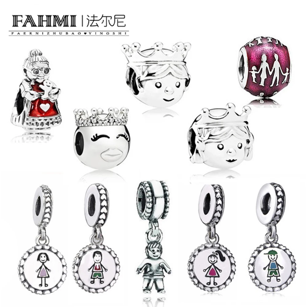 

FAHMI 100% 925 Sterling Silver 1:1 Charm Original Warm Family Kind Grandmother Princess And Prince Boy Girl Beaded Pendant
