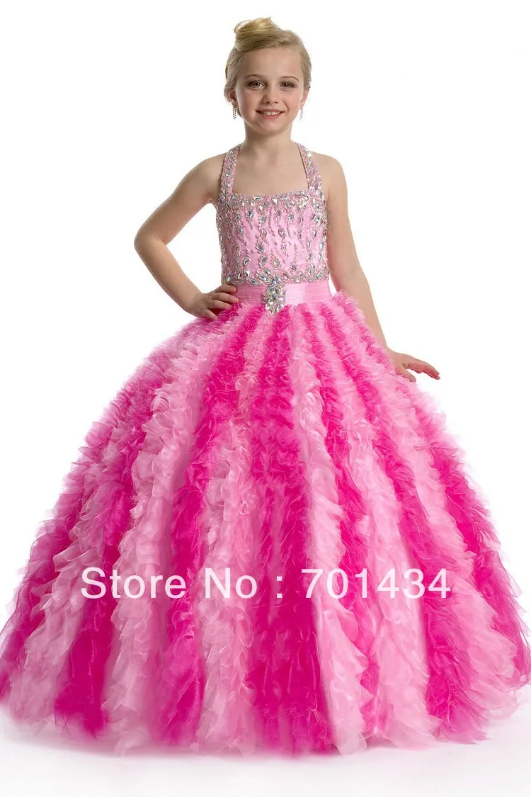 Free Shipping Pink Halter Ball Girls Pageant Dress Court Train