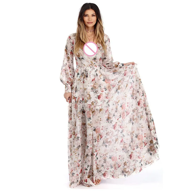 Women Summer Sexy Chiffon Maxi Long Sleeved Dress Vintage vestidos Dress V Neck Floral Print Beach Party Dress #4M22 (8)