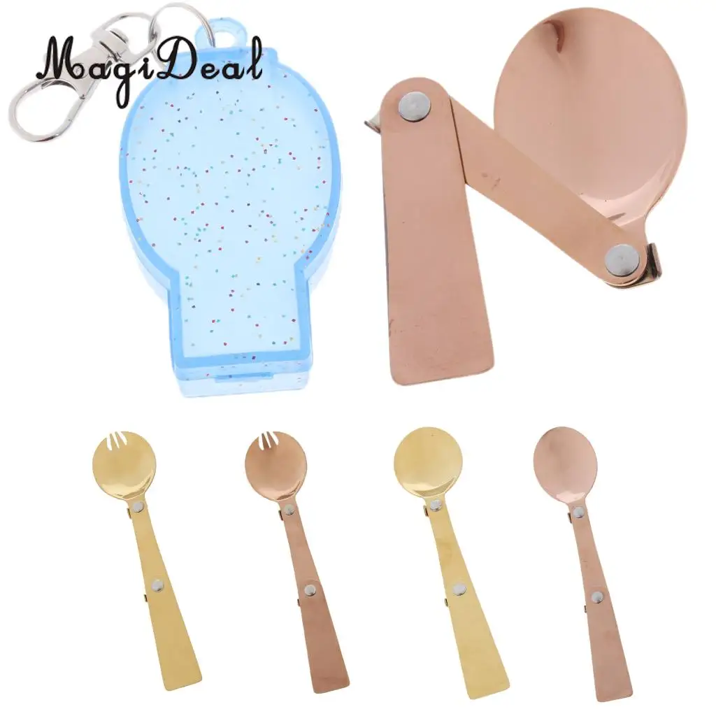 Hiking Camping Cook Picnic Foldable Spoon Stainless Steel Fork Traveller Spork with Hanging Buckle Storage Case