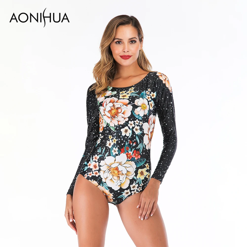 Слитный купальник Aonihua 2019 с цветочным принтом и подушечкой длинным рукавом