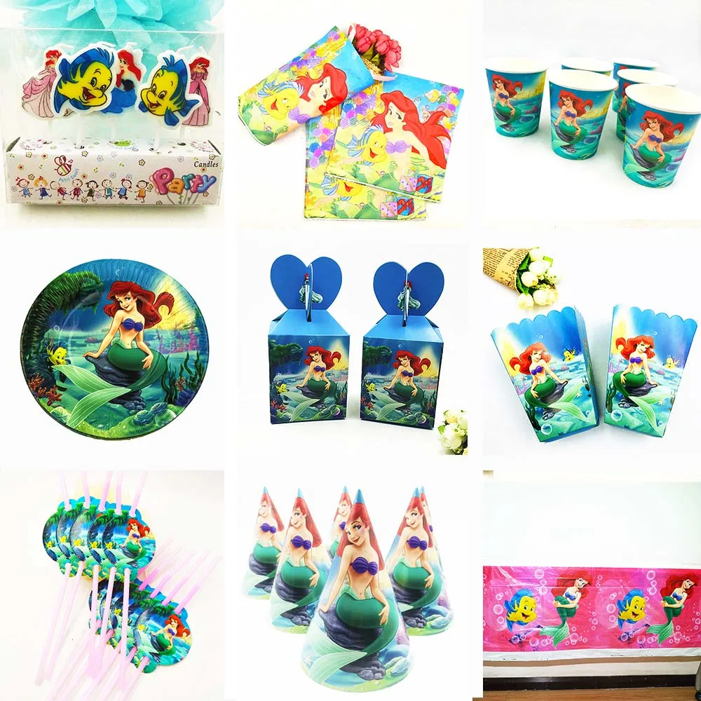 

Little Mermaid Party Supplies Decoration Favors Tablecloth Cup Plate Straw Napkin Gift Bag Candy Popcorn Box Kids Birthday DIY