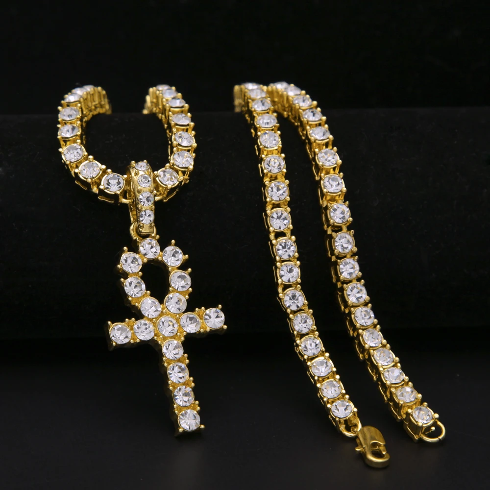 

Alloy Ankh Egyptian Cross Pendant Necklace Men Jewelry 23.6in Rhinestone Chains Gold The Key of the Nile Cross Vintage Pendant
