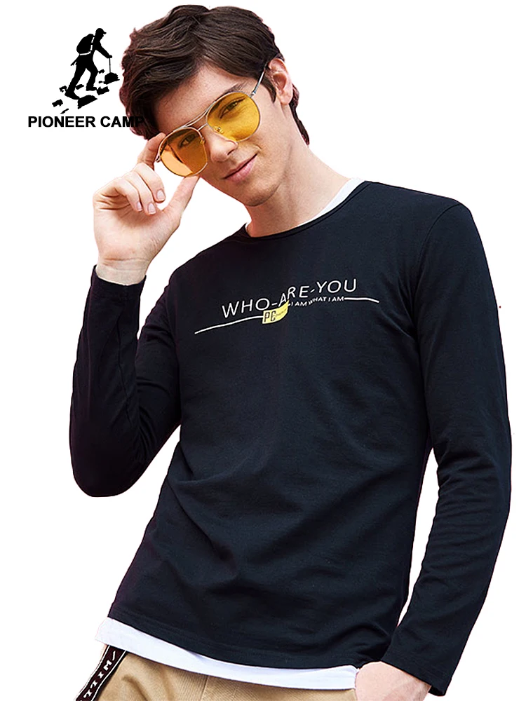 

Pioneer Camp New letter T-shirt men brand clothing long sleeve T shirt male top quality stretch Tshirt black red ACT701190