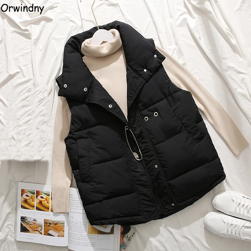 Orwindny 2019 Autumn And Winter Vest Women New Loose Stand Collar Short Thick Warm Waistcoat Black Sleeveless Jacket Coat