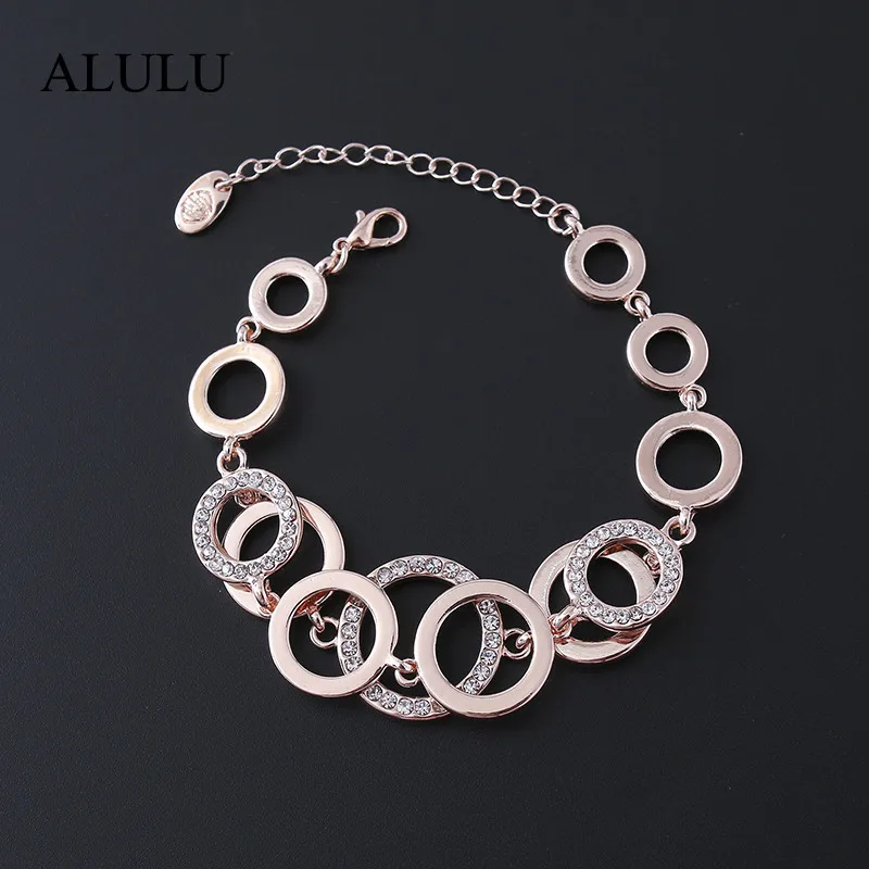 

Rose Gold & Silver Color Circles Bracelet & Bangles for Woman Rhinestones Paved Double Layer Round Female Bracelets BR523