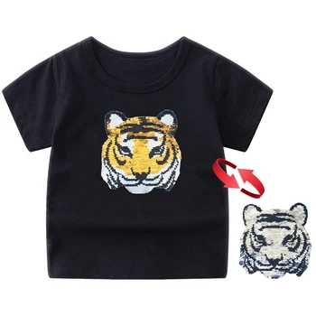 Panda Tiger Dinosaur Sequin Children T Shirt for Boys Tshirts Kids T Shirt Cartoon Print Summer Tops T-shirts for Baby Clothes 4