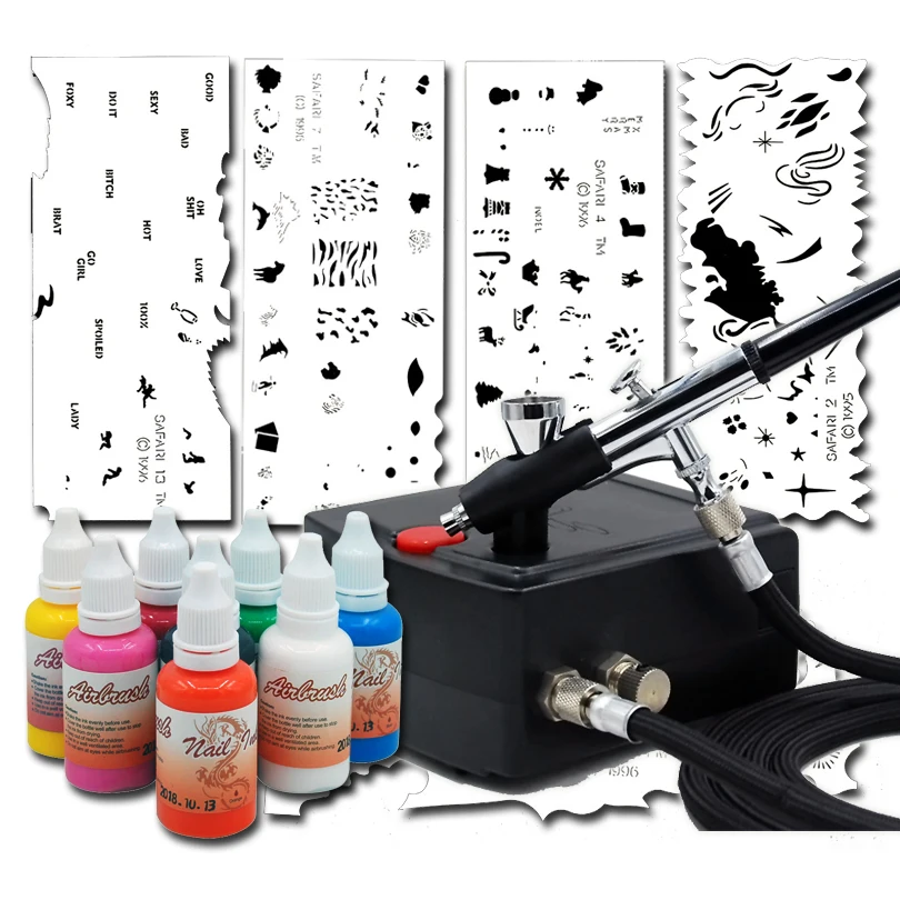 Professional Woman Girl Nail Art Airbrush Kit with Stencil Stamp Set and 8 Nail Art Colors