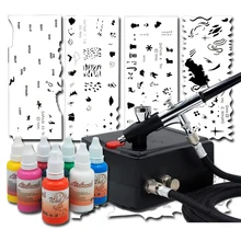 Professional Woman Girl Nail Art Airbrush Kit with Stencil Stamp Set and 8 Nail Art Colors Ink