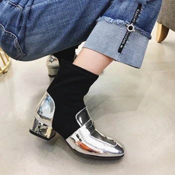 

Patent Leather Pumps Women Shoes Silver Glossy Fashion Boots Martin High Heels Fashion Boots Ankle Zip Shoes for Ladies Casual