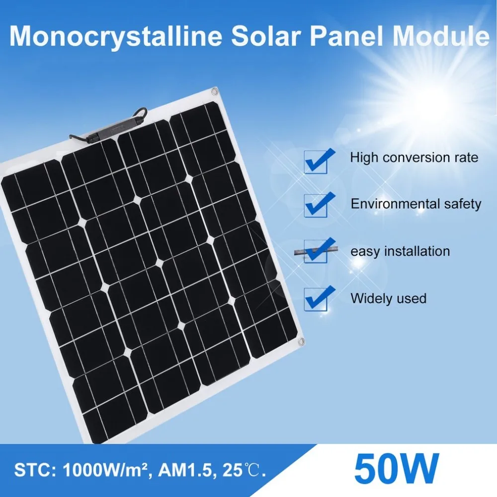 

50W 12V Outdoor Solar Charging Device Flexible Monocrystalline Solar Panel Module For Camping Garden Camping Power Supply
