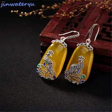 Jinwateryu, 925 пробы, silve earringsr, для женщин, девочек, висячие серьги с желтым камнем, халцедон и кубический циркон, серьги