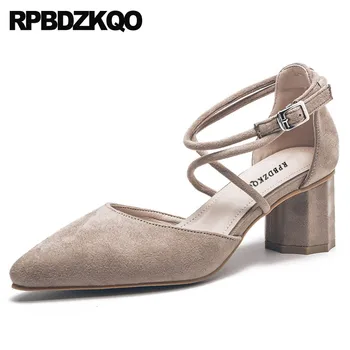 

Cross Strap Medium Heels Gray Sandals Japanese High Pointed Toe Suede Thick Elegant Women Shoes Vintage Ankle Female Nude Pumps